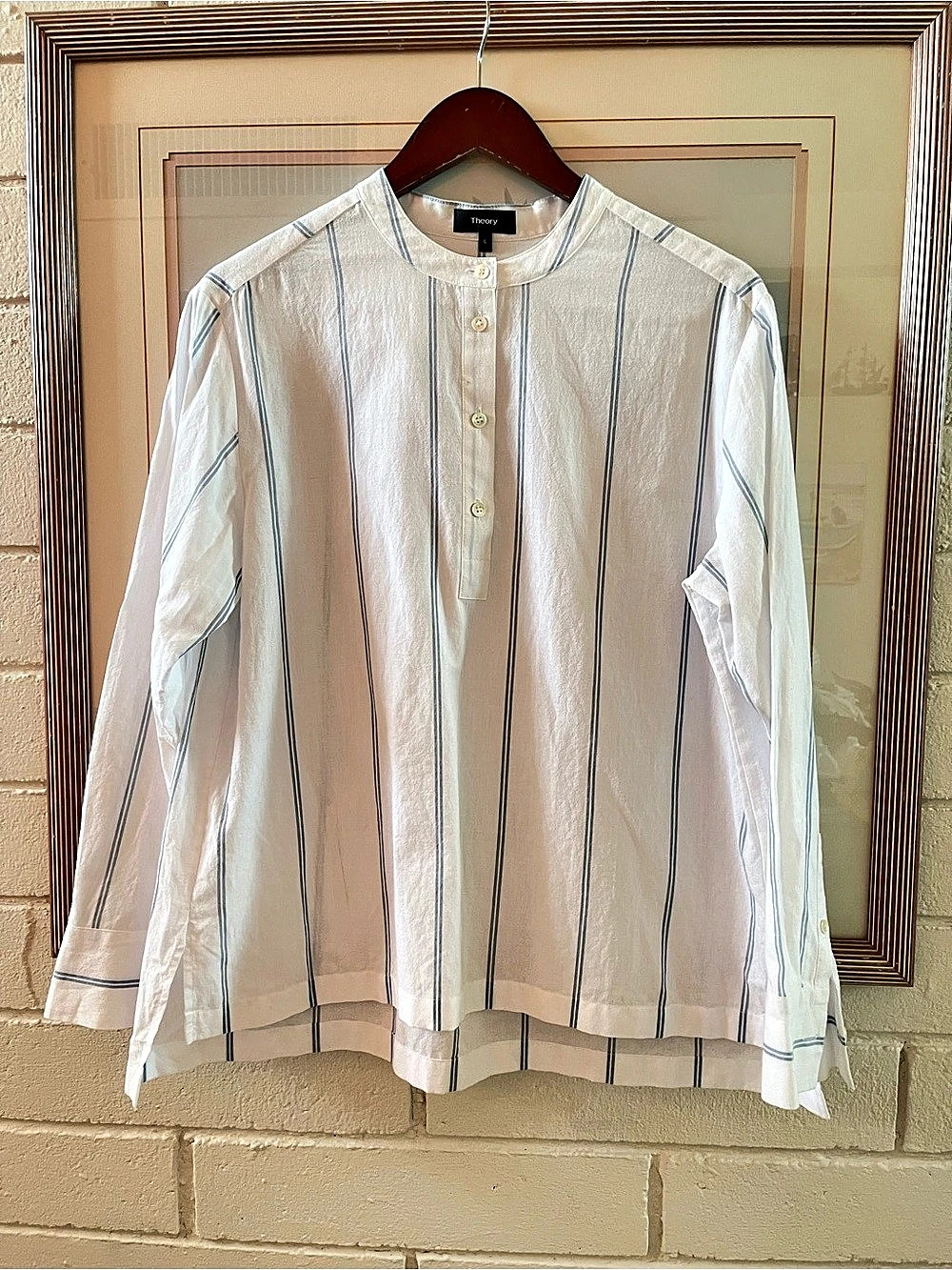 Theory Pleat Popover Striped Cotton Popover in White & Blue Button Up Shirt